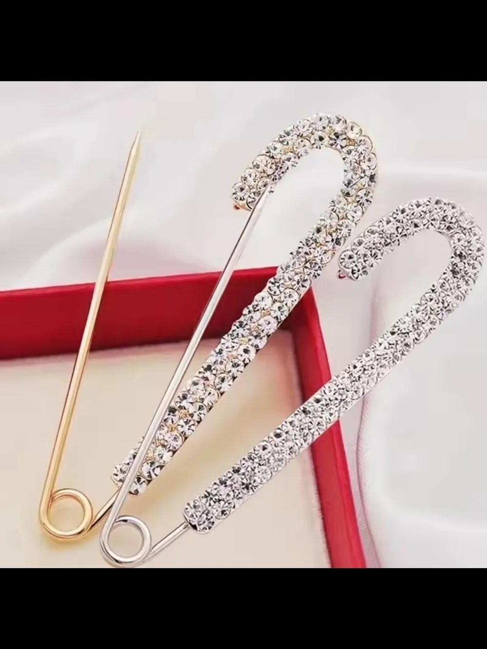 Gold-Tone Safety Pin Brooch with Clear Crystals
